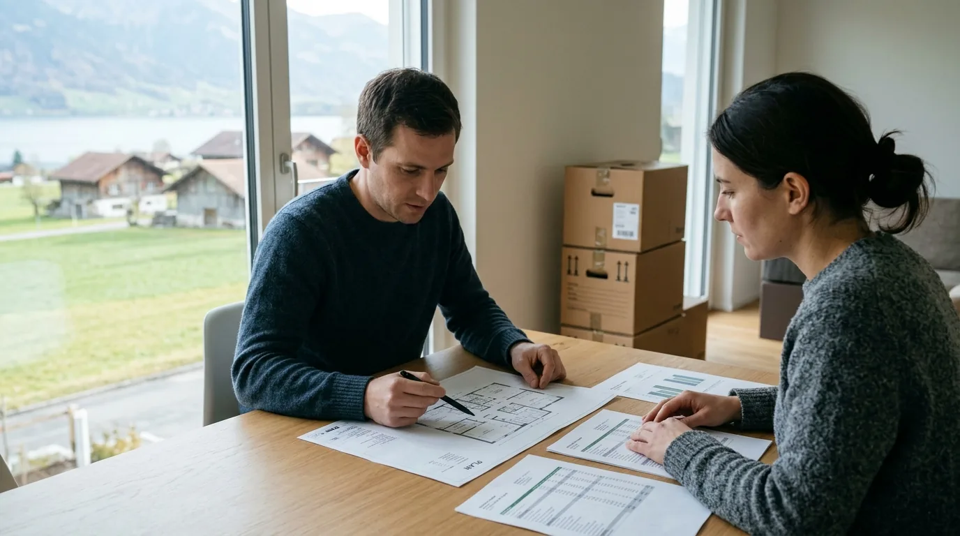 Zwei Personen besprechen am Tisch Unterlagen zu einem bevorstehenden Umzug
