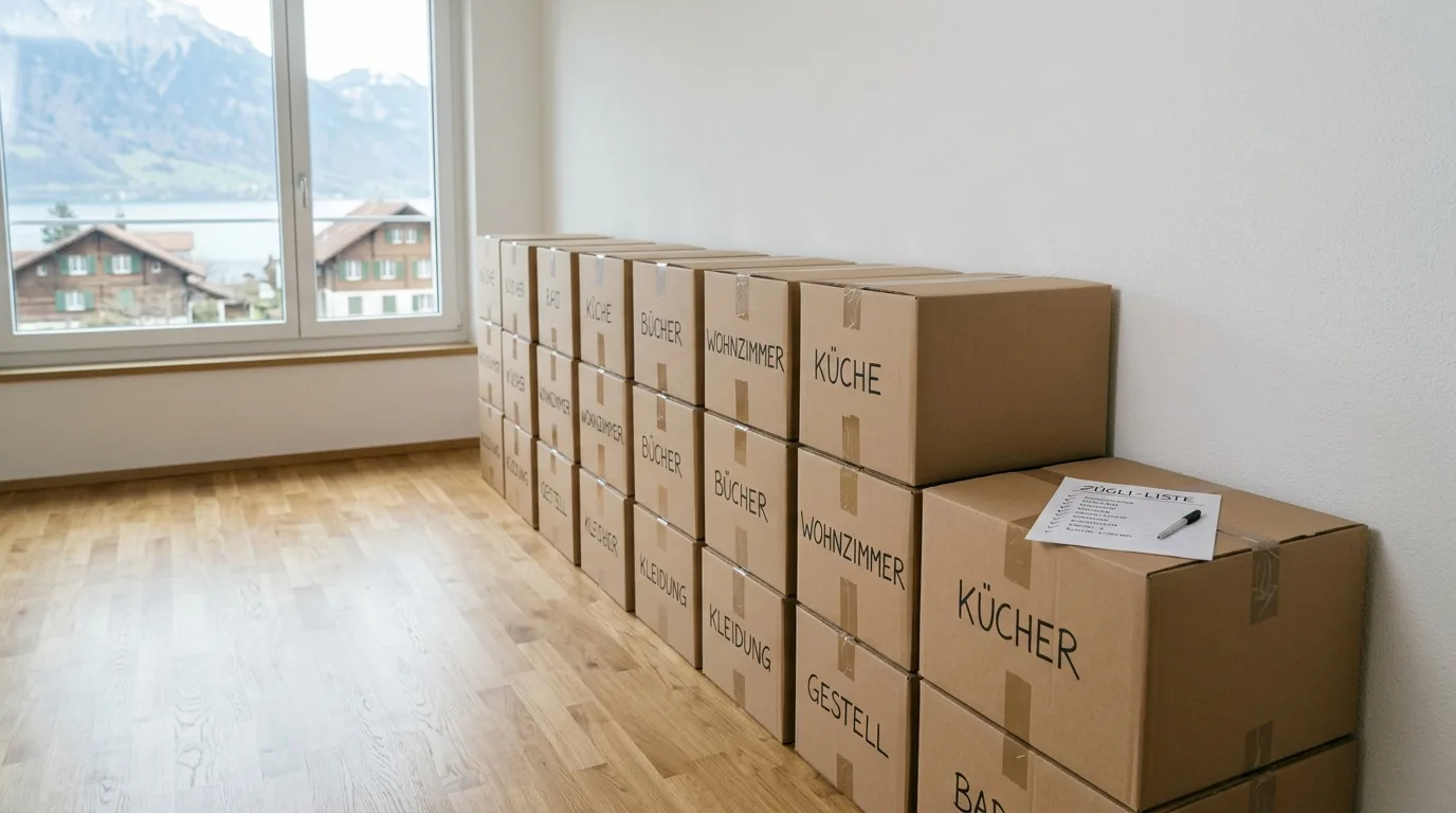 Beschriftete Umzugskartons in einer Wohnung, daneben eine handschriftliche Liste