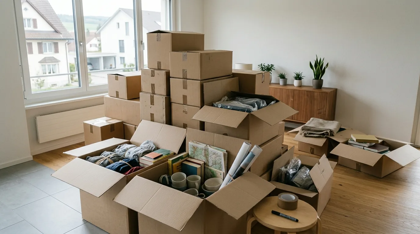 Unbeschriftete Umzugskartons stapeln sich unsortiert in einem Zimmer